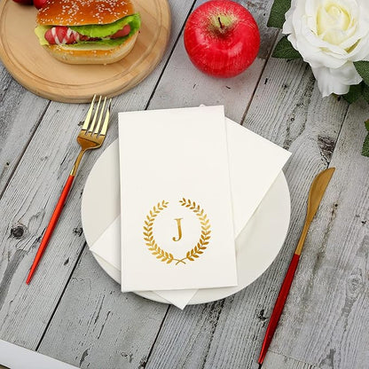 200 Pack Monogrammed Disposable Napkins Gold Foil Letter J Guest Napkins Initial Disposable Hand Paper Towels for Wedding Engagement Baby Shower Party Home Kitchen Bathroom Dinner Decorative Towels