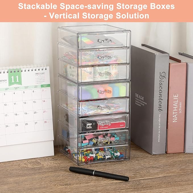 BTSKY Clear Acrylic Storage Organizer with Drawers, 5-Layer Desktop Organizer for Office Essentials, Multi-Purpose Stackable Container for Bathroom Vanity, Desk Makeup Jewelry Container Storage Box