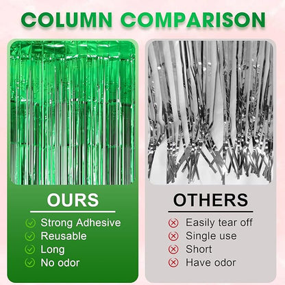 2 Pack Green Foil Fringe Backdrop Curtains, Tinsel Streamers Birthday Party Decorations, Fringe Backdrop for Graduation, Dinosaur Theme, Green Party
