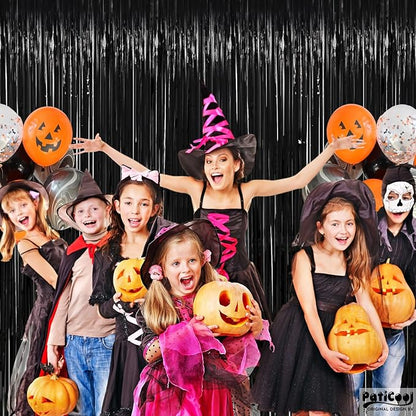 Thicken Black Streamers 4 Pack 3.2 x 8.2 FT, Black Tinsel Backdrop Curtains, Foil Fringe Photo Backdrop for New Years, Halloween, Retirement, Bachelor Party Decorations, Birthday Decorations for Men