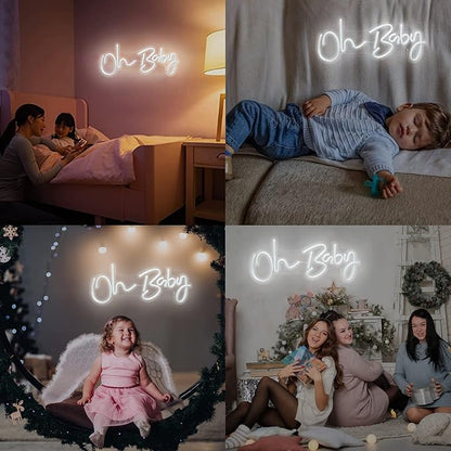 Oh Baby Neon Sign for Backdrop, 16.5”x 6.9” Dimmable Led Light up Sign for Baby Shower - Gender Reveal Birthday Party Decorations - White
