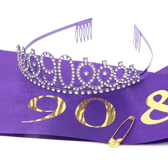 CIEHER 90th Birthday Crown + 90 & Fabulous Birthday Sash, Purple 90th Birthday Decorations for Women, 90th Birthday Gifts for Women, Happy 90th Birthday Cake Topper Purple