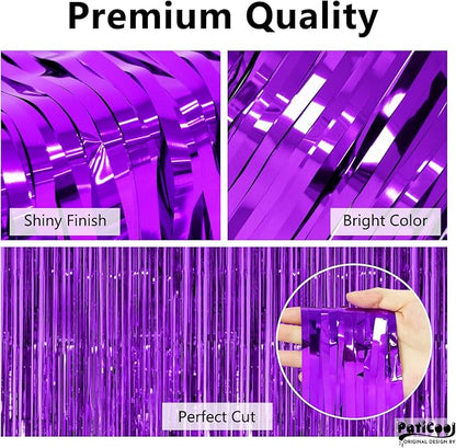 Thicken Purple Streamers 4 Pack 3.2 x 8.2 FT, Purple Birthday Decorations Tinsel Backdrop Curtains, Foil Fringe Photo Backdrop for Halloween, Graduation Party Decorations