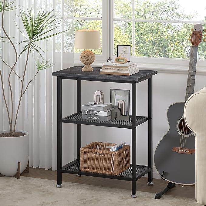 VECELO Tall End Side Tables, 30" Height Nightstand with 3-Tier Storage Shelf for Bedroom Living Room, Easy Assembly,Industrial Style, Carbon Grey