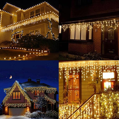 Dazzle Bright 360 LED Christmas Icicle Lights, 29.5 FT 8 Modes Curtain Fairy Lights with 60 Drops, Connectable Xmas String Lights for Outside Holiday Wedding Party Decorations (Warm White)