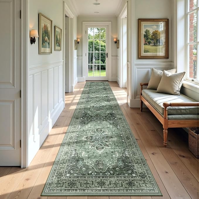 Area Rugs 2'6''x14' Runner Rug Non Slip Washable for Kitchen Hallway Bedroom Beside Laundry Room Bathroom Rug, Floor Carpet, Dark Green Gray