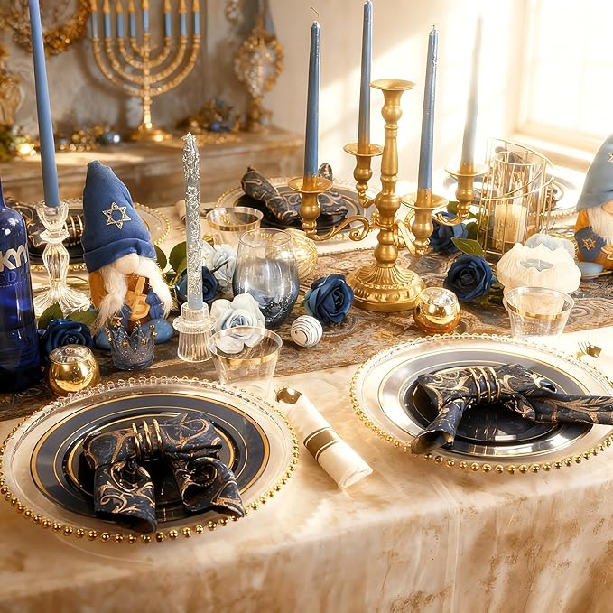 350PCS Navy Blue and Gold Plastic Plates with Rolled Napkins Include Dinner Plate 10’’, Dessert Plate 7’’, gold Cups 9 OZ, Pre Rolled Napkins 25 of each type for Hanukkah Wedding