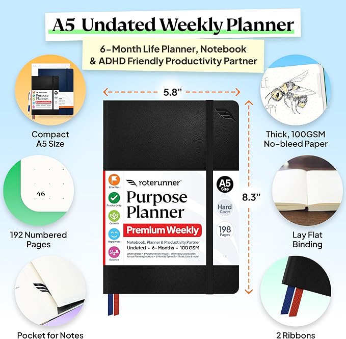 Roterunner Purpose Planner Notebook A5 5.8”x8.3” Undated 2026 Daily Weekly and Monthly Productivity Goal Setting Tool for Work Home ADHD Planner for Adults Self Care Journal (Black Hardcover)