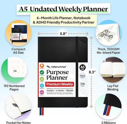 Roterunner Purpose Planner Notebook A5 5.8”x8.3” Undated 2026 Daily Weekly and Monthly Productivity Goal Setting Tool for Work Home ADHD Planner for Adults Self Care Journal (Black Hardcover)