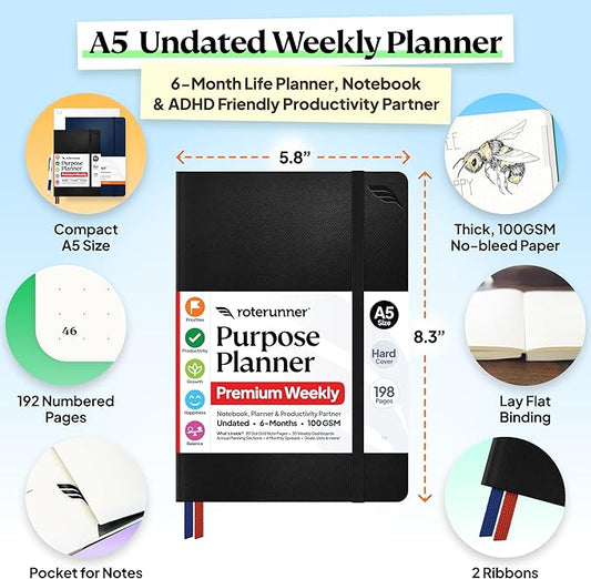 Roterunner Purpose Planner Notebook A5 5.8”x8.3” Undated 2026 Daily Weekly and Monthly Productivity Goal Setting Tool for Work Home ADHD Planner for Adults Self Care Journal (Black Hardcover)