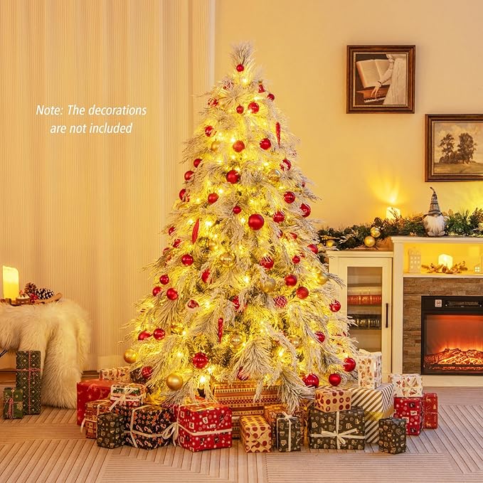 GOFLAME 6ft Pre-Lit Christmas Tree Snow Flocked, Hinged Artificial Xmas Tree with 519 Branch Tips, 250 Warm White LED Lights, Willow Leaves, Holiday Decoration Tree for Home Office Party