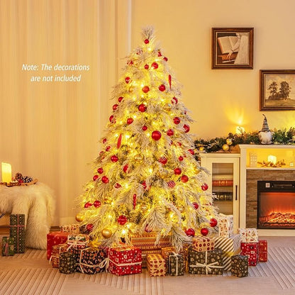 GOFLAME 6ft Pre-Lit Christmas Tree Snow Flocked, Hinged Artificial Xmas Tree with 519 Branch Tips, 250 Warm White LED Lights, Willow Leaves, Holiday Decoration Tree for Home Office Party