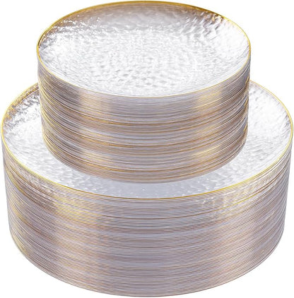 Rubtlamp 60Pcs Clear Plastic Plates,Clear Disposable Plates With Gold Rim,Heavy-duty Gold Plates,Hammered Party Plates Include 30Clear Dessert-Platos,30Dinner-Platos for Wedding, Party&Christmas
