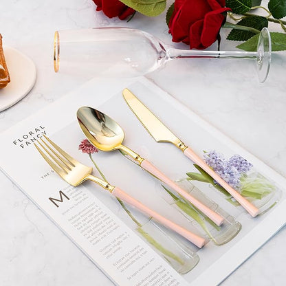 Lullaby 150pcs Gold Plastic Silverware, High End Disposable Cutlery with Pink Handle Include 50 Forks, 50 Spoons, 50 Knives, Perfect for Birthdays, Parties, Weddings, and More