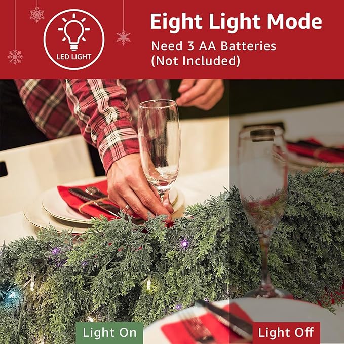 Cedar Christmas Garland with Lights for Mantle - 2 Pack Decorations 9ft Realistic Lighted Faux Pine Garlands for Xmas Home Decoration Indoor Stairs Railing Fireplace Outdoor Prelit Garland Door Decor