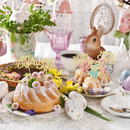 24pcs Happy Easter Cupcake Toppers - Gold Glitter Bunny Ear Cupcake Picks - Day Theme Baby Shower Kids Birthday Party Cake Decorations