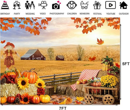 LTLYH 7x5ft Fall Harvest Backdrop Thanksgiving Party Barn Pumpkins Sunflowers Scarecrow Decorations Banner Background184