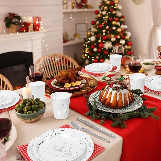 175 Pcs Merry Christmas Party Dinnerware Foil Dots Christmas Paper Plates Set Elk Disposable Xmas Plates Napkins Cups for New Year Wedding Birthday Baby Shower Party Supplies Decoration (White Silver)
