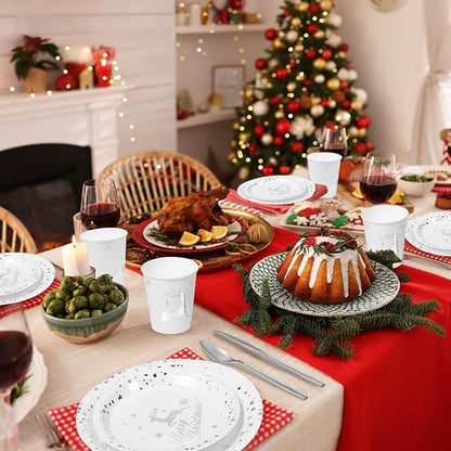 175 Pcs Merry Christmas Party Dinnerware Foil Dots Christmas Paper Plates Set Elk Disposable Xmas Plates Napkins Cups for New Year Wedding Birthday Baby Shower Party Supplies Decoration (White Silver)
