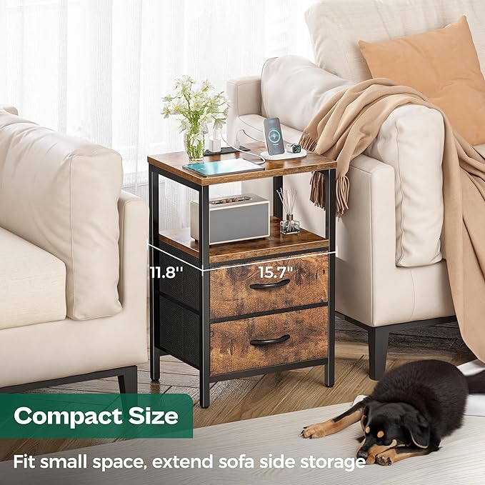 Huuger Nightstands Set of 2, End Tables with Charging Station, Fabric Drawers, Bedside Tables with USB Ports and Outlets, Night Stands for Bedroom, Rustic Brown