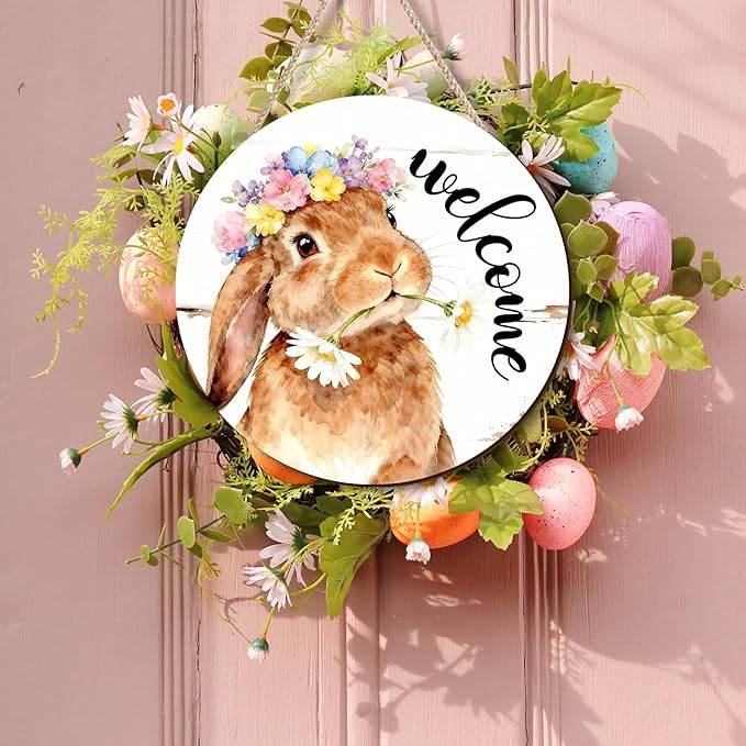 Kercan Easter Decor Door Sign, Religious Easter Decorations for Home, Spring Welcome Sign for Front Door, Bunnies Wood Signs, Bunny Egg Decor Wood Hanging Sign Gifts