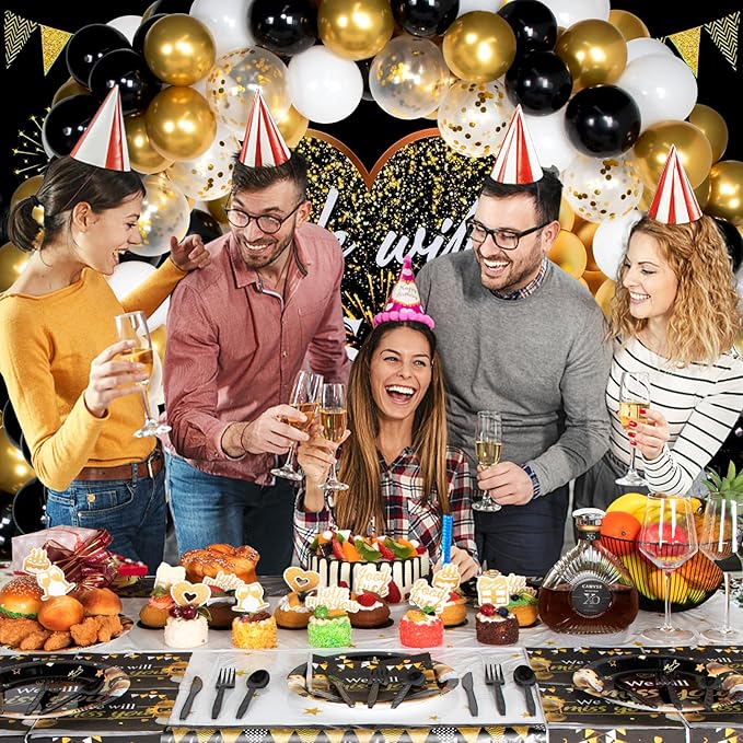 We Will Miss You Decorations, Going Away Party Decorations, Farewell Decorations Party Includes Black & Gold Balloons, Backdrop, Banner, Tablecloth, Plates, Napkins, Cake Toppers for Retirement