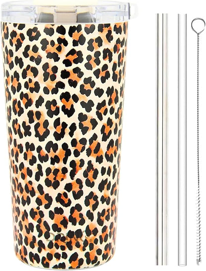 Drinco - 20 oz Stainless Steel Tumbler | Double Walled Vacuum Insulated Mug With Lid, 2 Straws, For Hot & Cold Drinks (20oz Leopard)