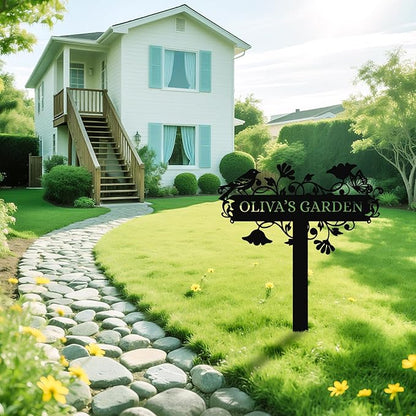 Personalized Garden Sign– Custom Metal Yard Stake with Bird & Butterfly Design, Outdoor Name Plaque for Lawn, Pathway, Flower Bed, Weatherproof Garden Decor, Gift for Gardeners & Housewarming