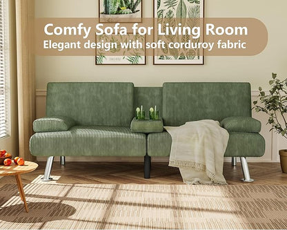 Flamaker Futon Sofa Bed Corduroy Folding Couch Adjustable Sleeper Sofa Bed for Small Apartment Upholstered Living Room Furniture Set with 2 Cup Holders Removable Armrests (Corduroy, Green)