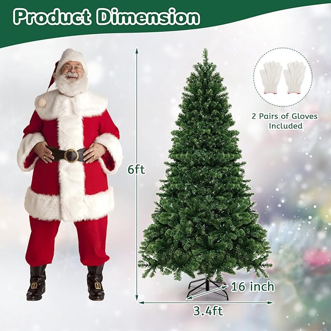 GOLFAME 6FT Pre-Lit Artificial Christmas Tree, Decorative Hinged Xmas Tree with 560 LED Lights, 821 Branch Tips, Upgraded Metal Stand, Christmas Holiday Tree for Home Office Party