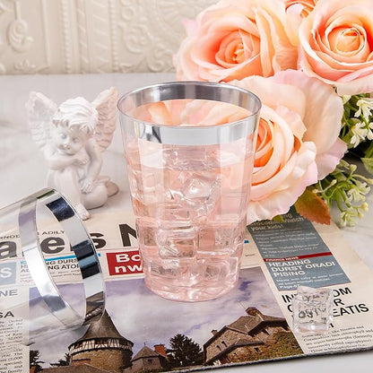 I00000 50 Pack 12 oz Silver Plastic Cups, Silver Rimmed Disposable Cups, Party Wine Glasses Disposable Cocktail Glasses Heavy Duty Cups with Silver Rim, 12 Ounce Plastic Tumblers For Party