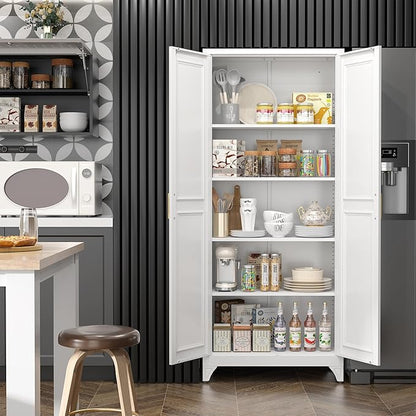 Kitchen Pantry Cabinet,75”White Metal Storage Cabinets with Doors and 4 Adjustable Shelves,Kitchen Cabinet with 2 Gold Handles,Tall Cabinet for Livingroom,Pantry, Bathroom