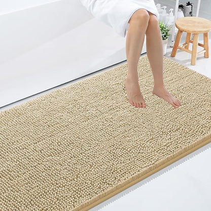 Smiry Luxury Chenille Bathroom Rugs 59x35, Extra Soft and Absorbent Shaggy Bath Mat, Machine Washable, Non-Slip Plush Carpet Runner for Tub, Shower, and Floor, Home Decor Accessories, Beige