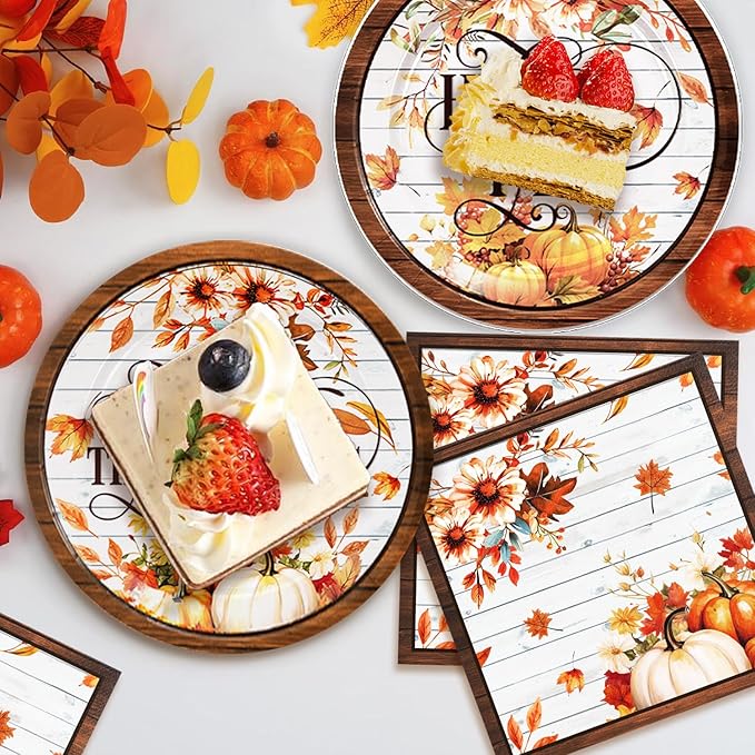 48Pcs Fall Birthday Decorations Thanksgiving Party Supplies Autumn Harvest Pumpkin Paper Plates and Napkins Set Decor Fall Birthday Party Decorations