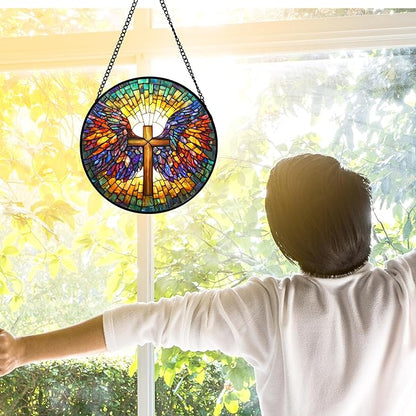 Stained Glass Window Hanging - Jesus Cross Wings Suncatcher Ready to Hang Window Doors Home Decoration and Christmas, Mother's Day Birthday Gifts for Women, Men, and Mom 11.8x11.8 in