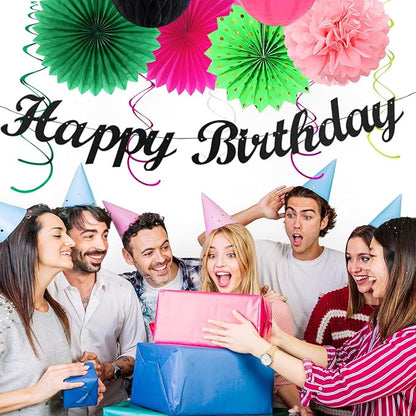 Green Hot-Pink Black Summer-Hawaiian Birthday Decorations - 21pcs Girls Woman Happy Party Banner Garland,Tropical Beach Pool Paper Streamers Lanterns,Flower Tissue Pom Poms Fan Supplies Decor Huglony
