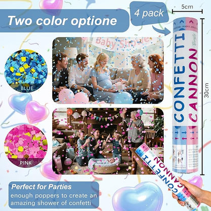 4 Pack Gender Reveal Confetti Cannon, 12 in Blue Square Shaped Paper Party Poppers Cannons, Confetti Poppers For Baby Boy Girl Gender Reveal Baby Showers (Square, Blue)