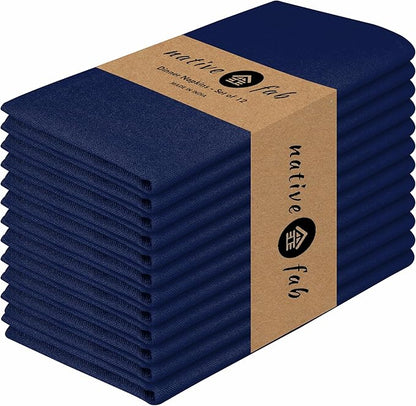 Native Fab Cloth Dinner Napkins Set of 12 Cotton 17x17 Absorbent Soft Restaurant Hotel Quality - Cocktail Napkins, Wedding Dinner Napkins - Everyday Use, Easy Care Washable - Ink Blue