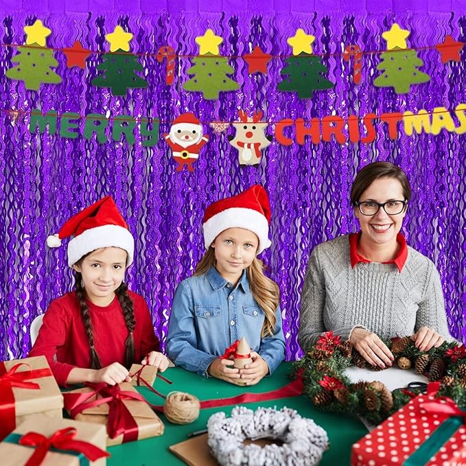 4 Pack Purple Fringe Curtain Backdrop 3.2Ft x 8.2Ft Metallic Tinsel Foil Fringe Streamers Background for Photo Booth, Easter, Mother's Day, Bachelorette, Wedding, Birthday Party Decoration