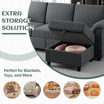 Vongrasig 79" Convertible Sectional Couches Sofa with Storage Ottoman, 3 Seat L Shaped Couch with Side Storage Pockage, Small Couches for Living Room, Apartment and Small Space, Grey
