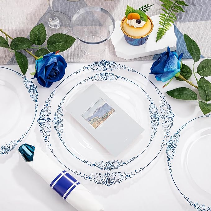 Hioasis 175pcs Clear Blue Plastic Plates - Elegant Disposable Dinnerware Set Suitable for 25 Guests Include 10.25" Dinner & 7.5" Dessert Plates, Pre Rolled Silverware Set, Cups for Party & Christmas