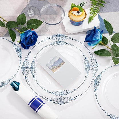 Hioasis 175pcs Clear Blue Plastic Plates - Elegant Disposable Dinnerware Set Suitable for 25 Guests Include 10.25" Dinner & 7.5" Dessert Plates, Pre Rolled Silverware Set, Cups for Party & Christmas