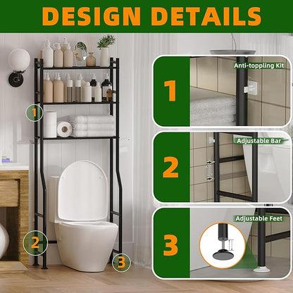 3-Tier Over Toilet Storage with Anti-Tilt Safety System - 150lb Total Capacity Metal Bathroom Shelves Including Paper Holder & 4 Hooks, Space Saving Above Commode Organizer (64" H, Black)
