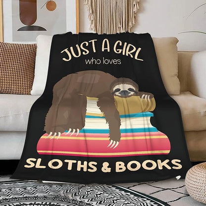 Just a Girl Who Loves Sloths and Books Blanket Lightweight Cozy Flannel Fleece Throw Blanket Best Gift Home Decor for Bed Couch Outdoor Camping 60"x50" M for Teens