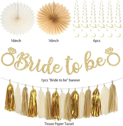 Roetyce Bachelorette Party Decorations, Gold Glitter Bride to Be Banner Paper Fans Pompoms Kit, Women Bridal Shower Party Supplies, Wedding Paper Lanterns Streamers Garland Photo Backdrop Background