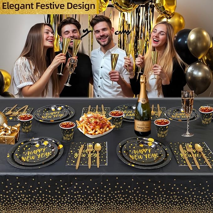 212 Piece New Year Paper Plates and Napkins Disposable Dinnerware Set Serve 30, Includes Happy New Year Plates Napkins Tablecloths Cups Knife Fork Spoon New Years Eve Party Supplies Decorations