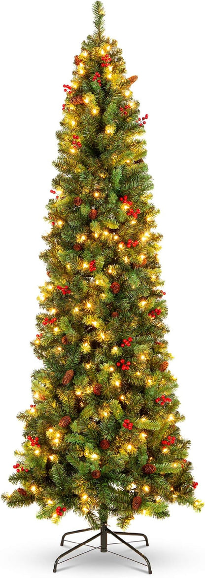 Best Choice Products 7.5ft Pre-Lit Spruce Pencil Christmas Tree Pre-Decorated for Home, Office, Party, Holiday Decoration w/ 1,075 Tips, 350 Lights, Pine Cones, Metal Hinges & Base - Green