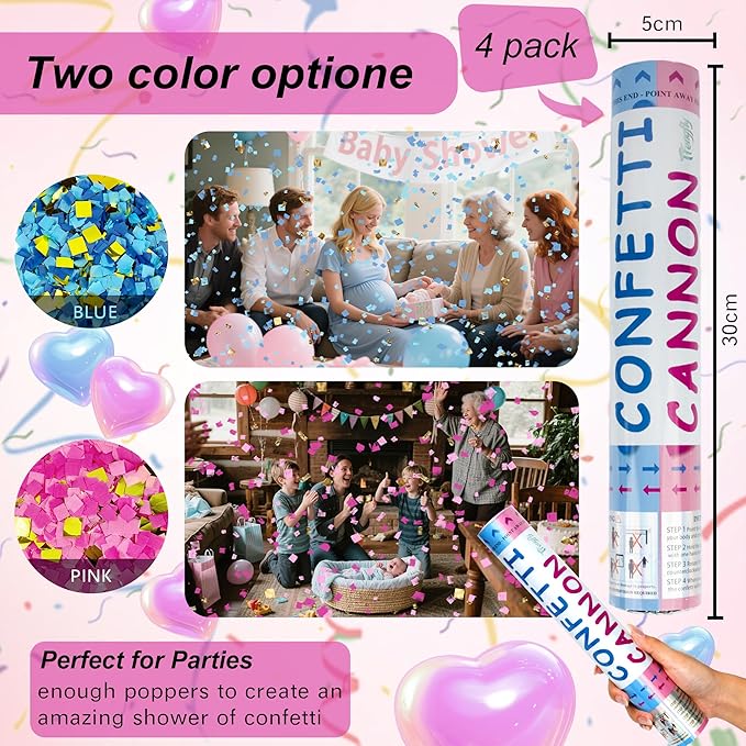 4 Pack Gender Reveal Confetti Cannon, 12 in Pink Square Shaped Paper Party Poppers Cannons, Confetti Poppers For Baby Boy Girl Gender Reveal Baby Showers (Square, Pink)