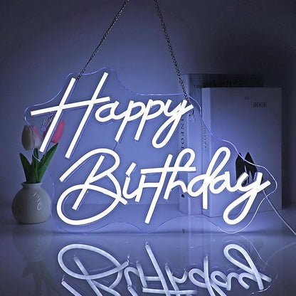 Neon Sign, Happy Birthday Neon Signs for Wall Decor White LED Neon Light Up Signs Home Decor for Birthay Business Club Party Bars Shop Decoration USB Operated