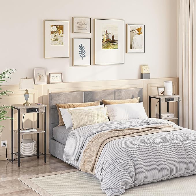 HOOBRO Tall End Table with Charging Station, 30 Inch Tall Nightstand, 3-Tier Small Side Table with Adjustable Shelf, for Living Room, Bedroom, Hallway, Greige BG09UDH01G1